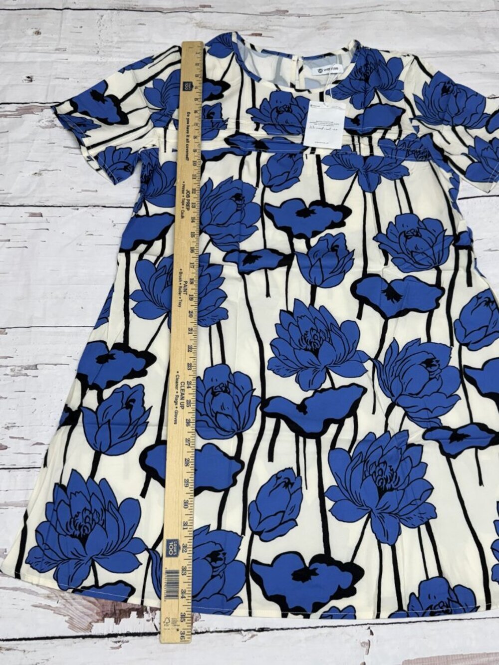 Wenrine Blue Floral Shift Dress L Short Sleeve A-Line Midi NWT - Picture 4 of 7